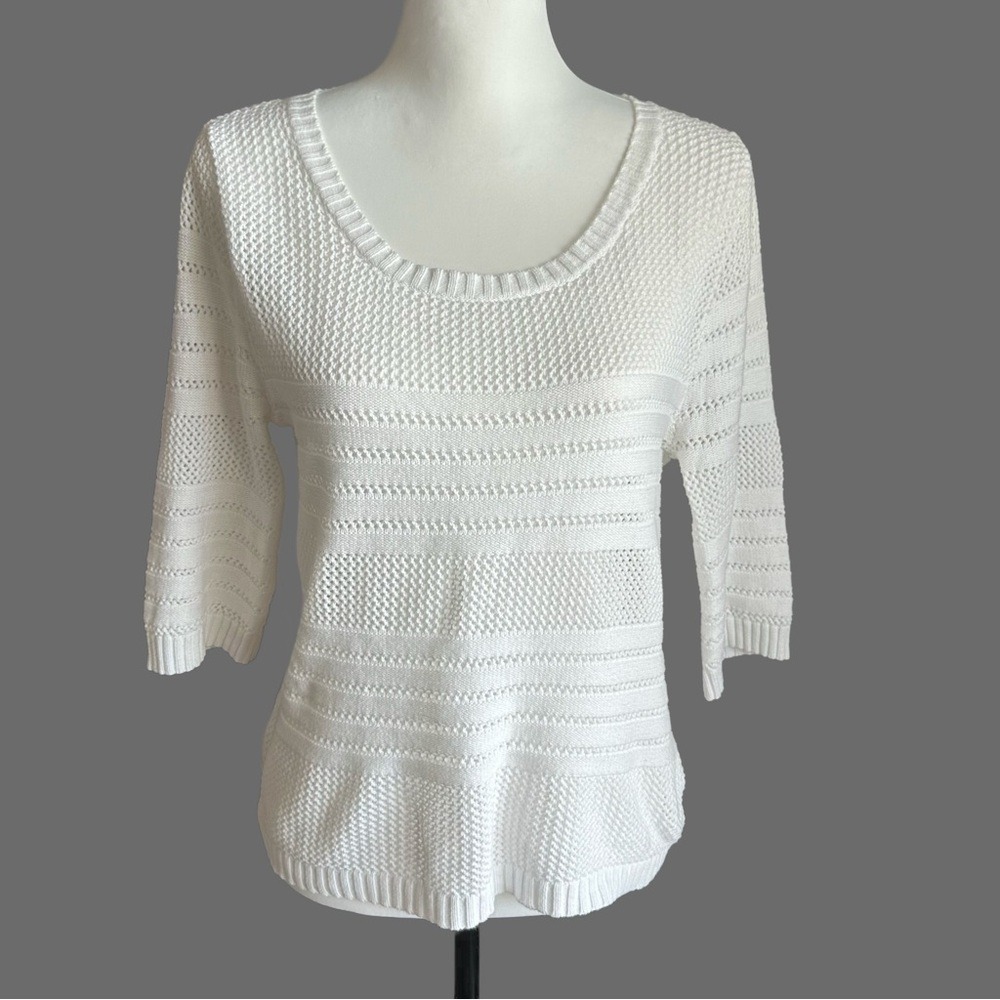 Mo:vint Open Knit Sweater Womens Small White 3/4 Sleeve Scoop Neck Pointelle‎